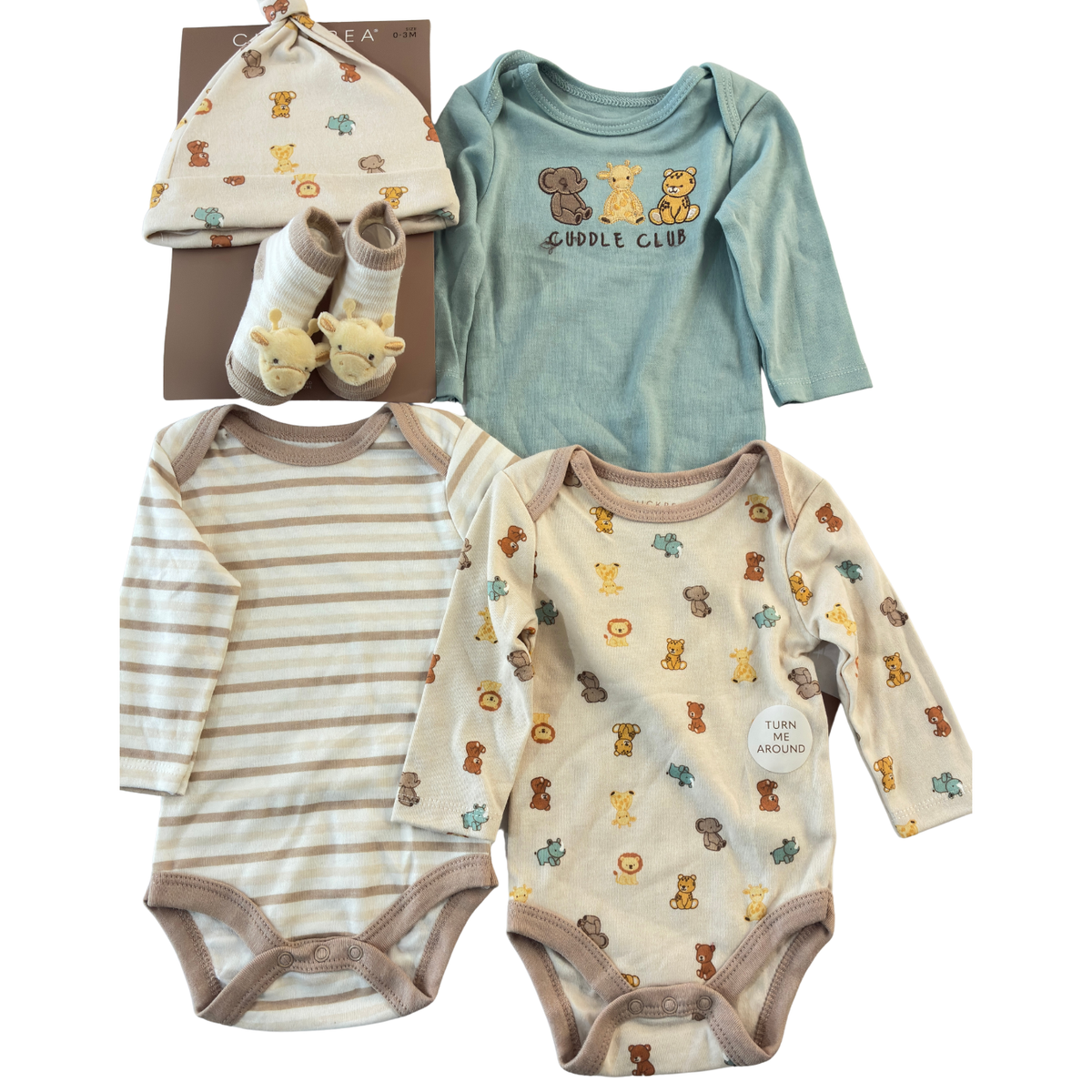 Set de 5 Piezas  – 3 Pañaleros, Gorrito y Calcetines Diseño Safari