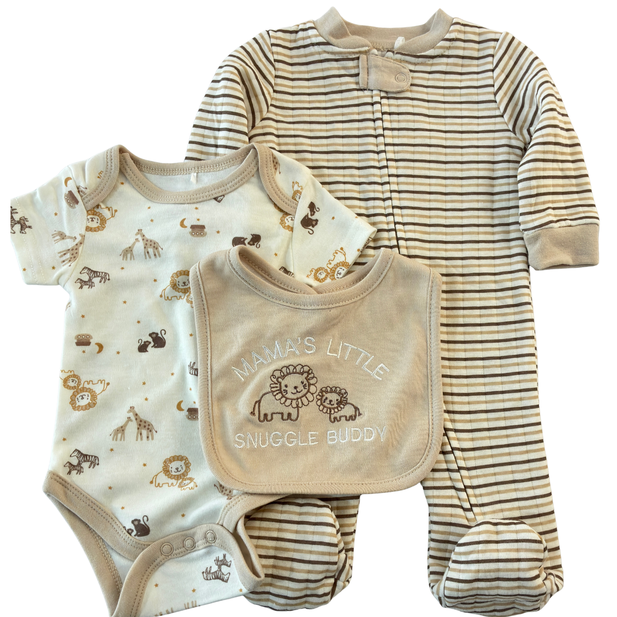 Set de 3 Piezas  – Mameluco, Pañalero y Babero Diseño Safari