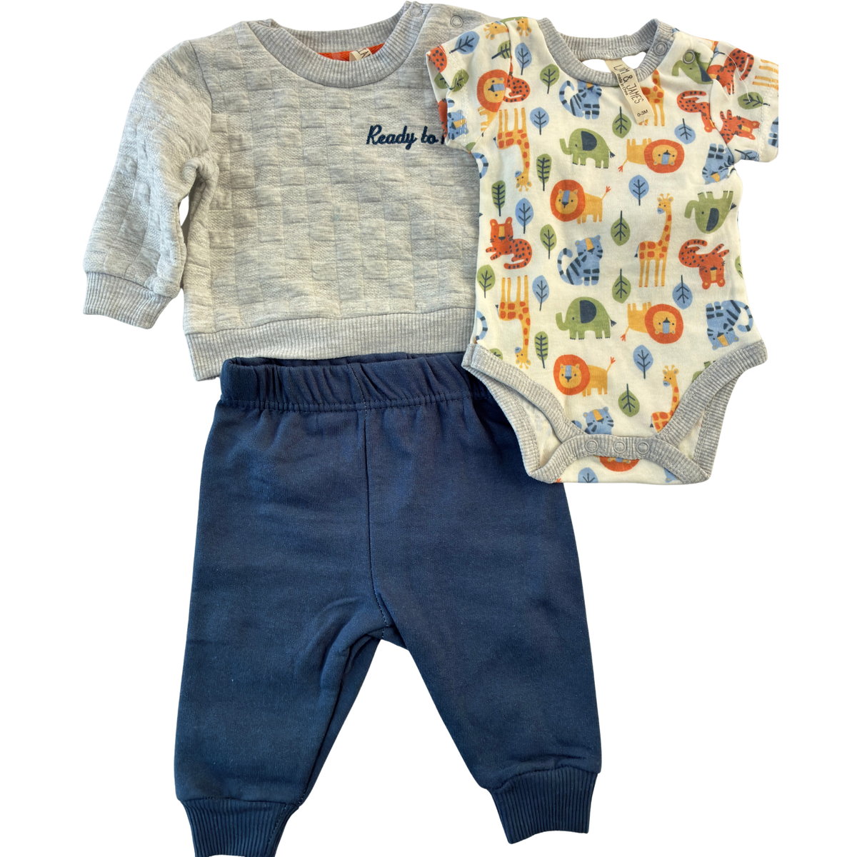 Set de 3 Piezas  – Sudadera, Pañalero Safari y Pantalón Azul