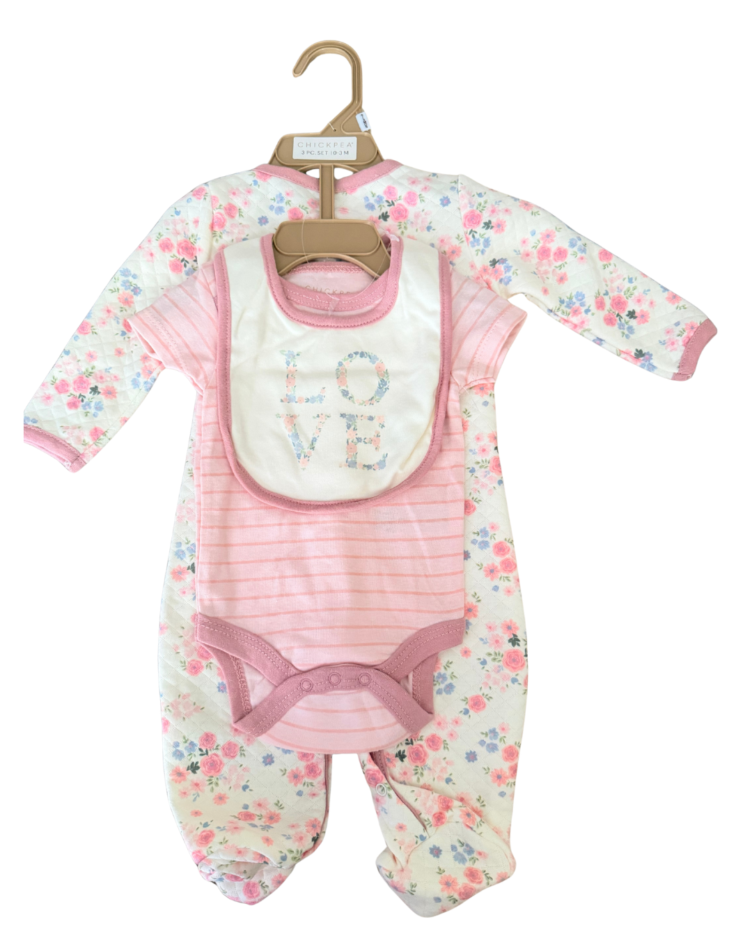 Set Mameluco y Pañalero Floral + Babero Love