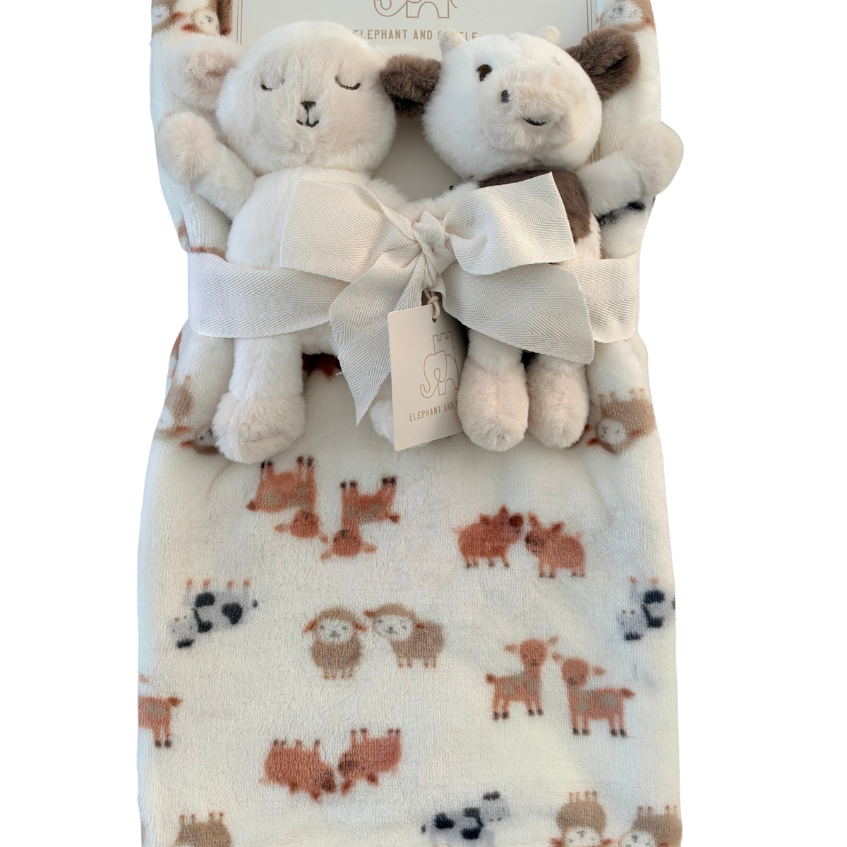 Set de Cobija Afelpada con 2 Peluches – Animalitos de Granja