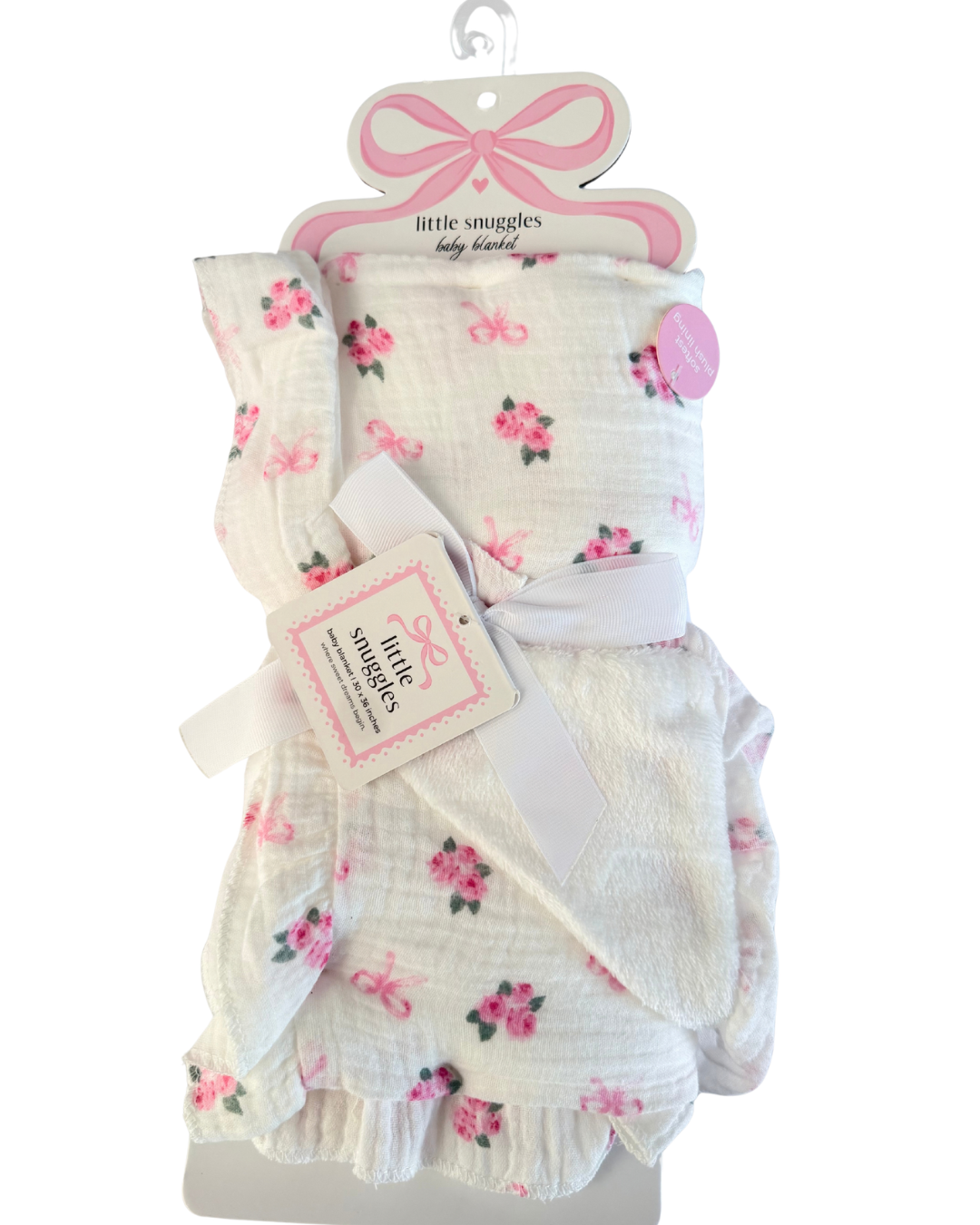 obija de Muselina con Reverso Afelpado – Flores y Moñitos Rosa 🎀🌸