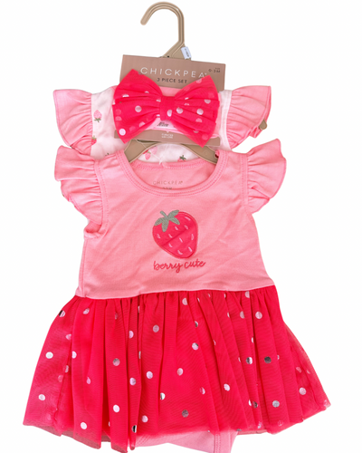 Set 2 Vestido y Pañalero Fresa + Diadema Moño