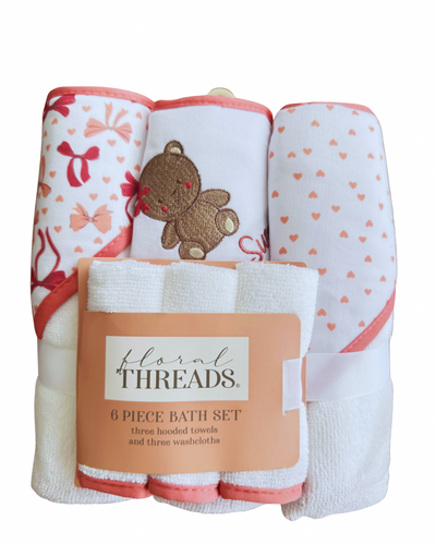 Set 3 Toallas con Capucha Osa Moños + 3 Toallas Faciales