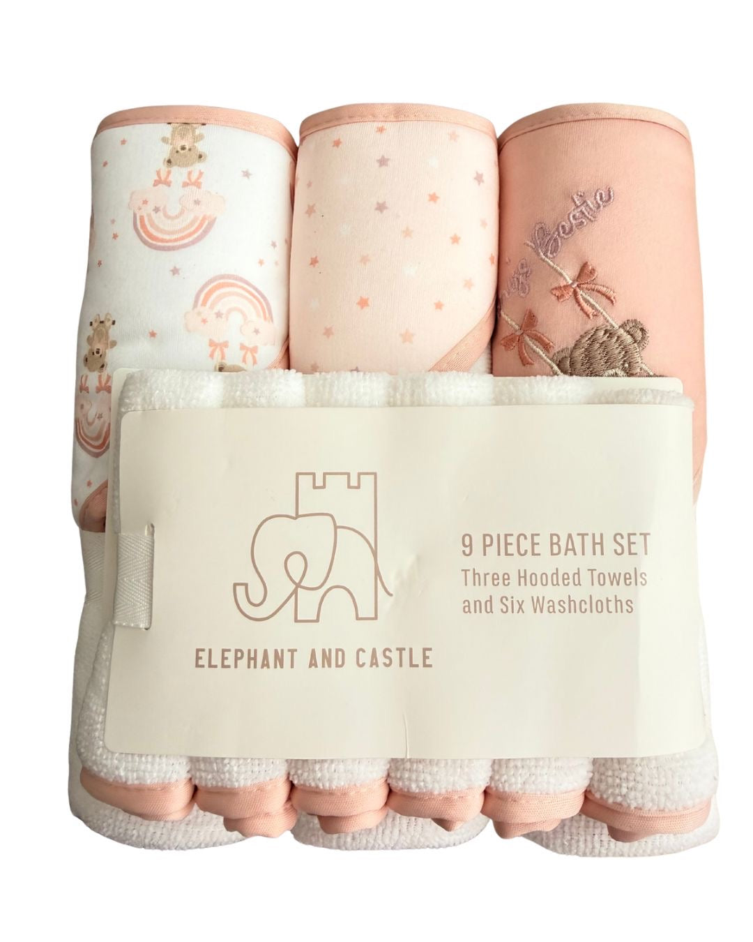 Set 3 Toallas con Capucha Oso Arcoíris + 6 Toallas Faciales